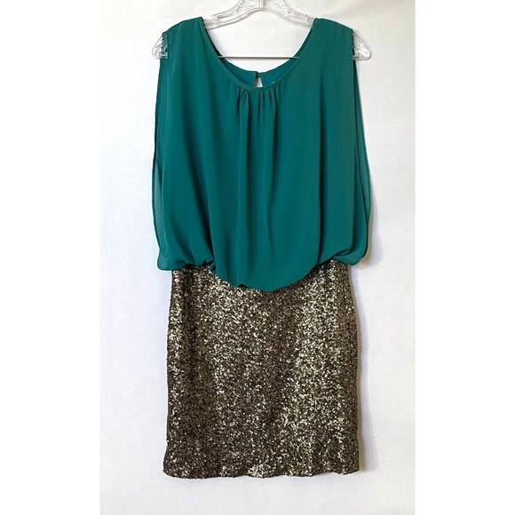 MM Couture by Miss Me Dress Womens Small Teal Chiffon Gold Sequin Multim… - Picture 2 of 15